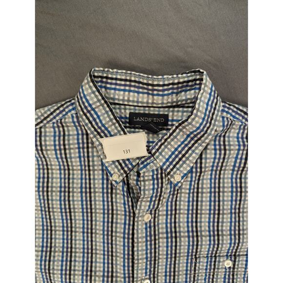 Lands' End Shirt Large Men's Blue Plaid Short Sleeve Button Down Traditional Fit - Picture 8 of 8